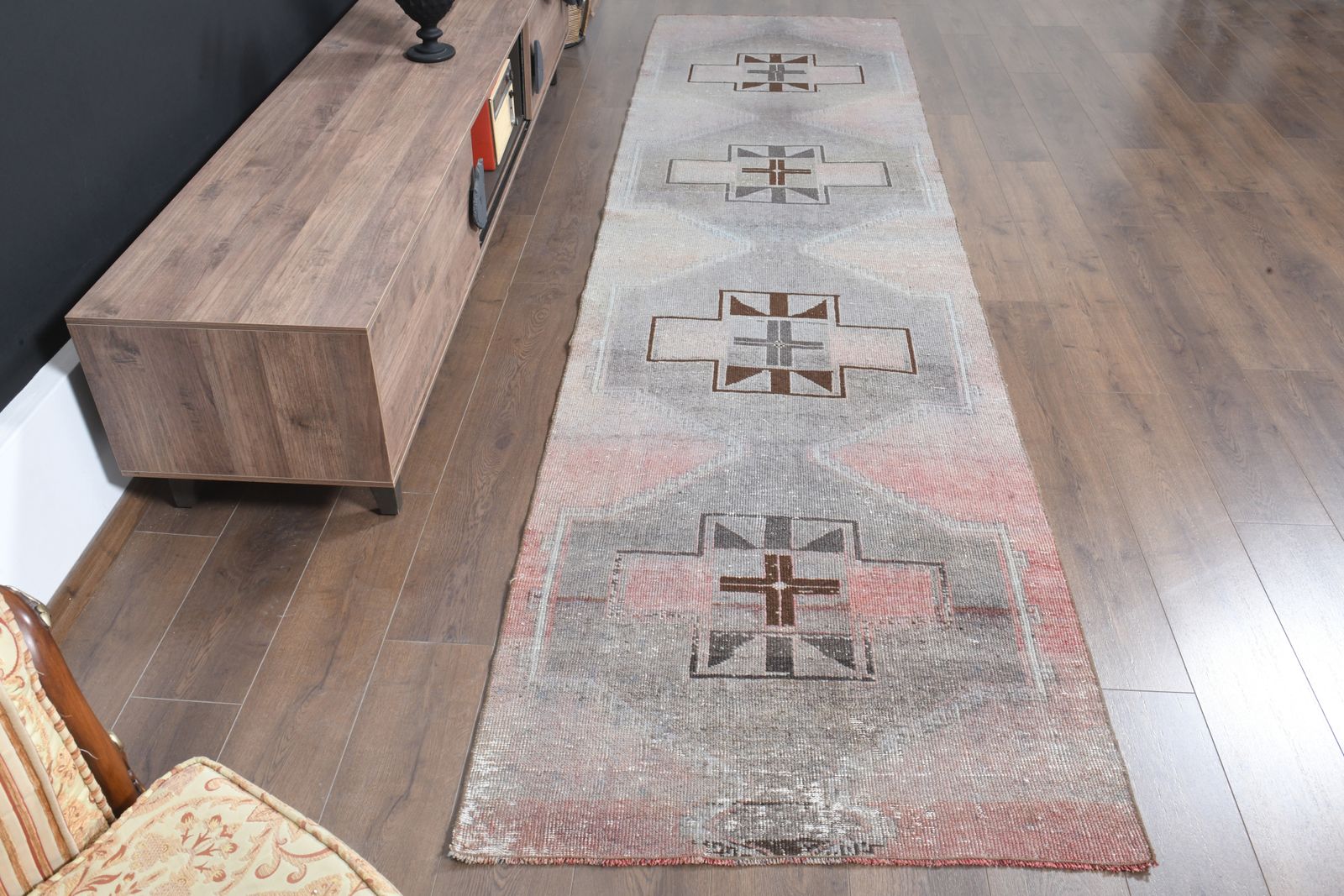 3'2x12'3 Ft, Unique Wool Vintage Turkish Runner, Handmade Oushak Rug, Grey Color, Root Dye, Washable, Stair Decor, Hallway Decor, Kitchen Decor, 3x12 photo vinterior