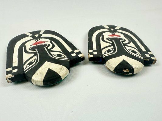 Carved And Painted Wood Masks From Bali, Set Of 2 photo vintage