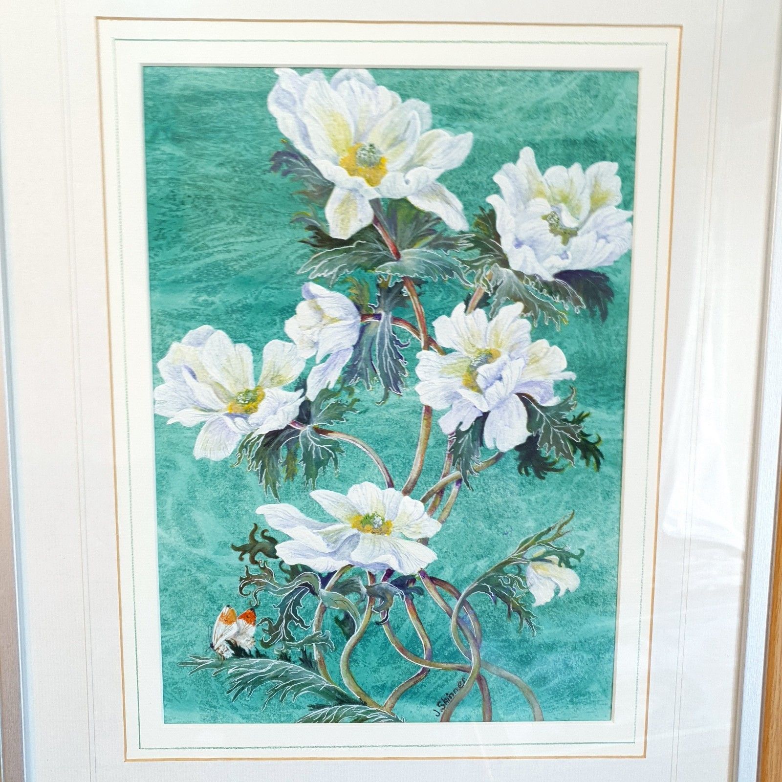 Signed Watercolour Flowers Original Painting June G. Skinner Framed Green Large photo for sale