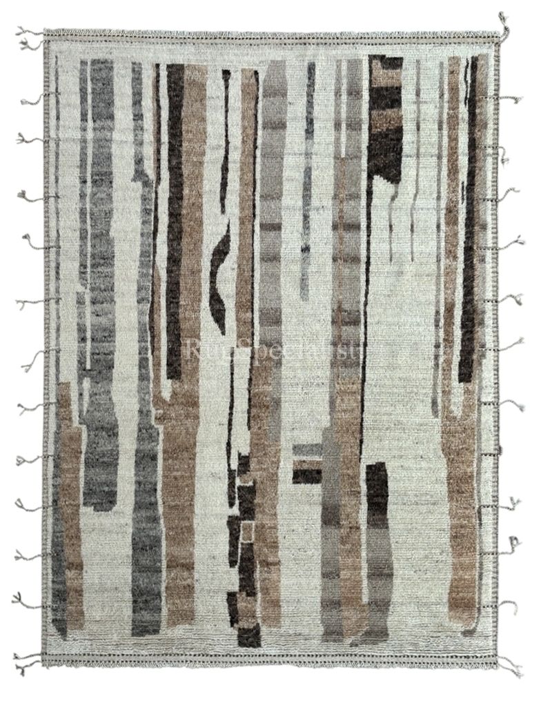 275x365 Cm Vintage Hand Knotted Moroccan Design Rug. 100% Natural Wool: Handmade Beni Ourain Carpet. 100% Natural Wool