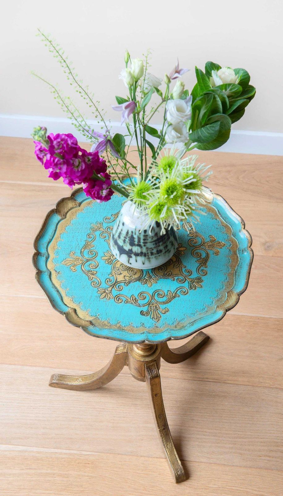 Florentine Side Table   Vintage Golden Accent Wine Table   Italian Additional Table   Scalloped Edge   Rococo Plant Stand   1960s Design photo Furniture