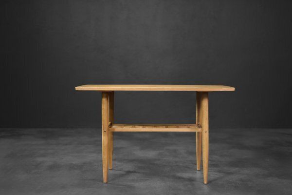 Mid Century Modern Scandinavian Cherry Wood Coffee Table With Woven Shelf, 1960s photo for sale