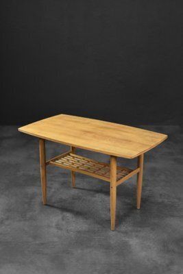 Mid Century Modern Scandinavian Cherry Wood Coffee Table With Woven Shelf, 1960s photo Furniture