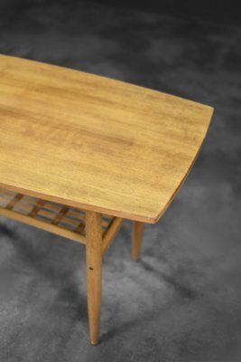 Mid Century Modern Scandinavian Cherry Wood Coffee Table With Woven Shelf, 1960s photo vintage