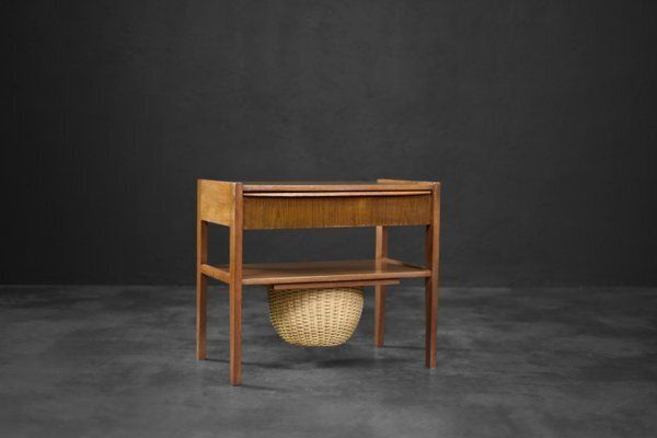 Vintage Danish Modern Teak Thread Side Table With Wicker Basket, 1960s