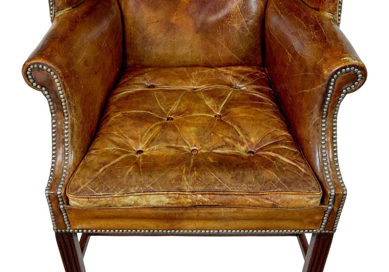 photo for sale Early 20th Century Tan Leather Wing Back Armchair