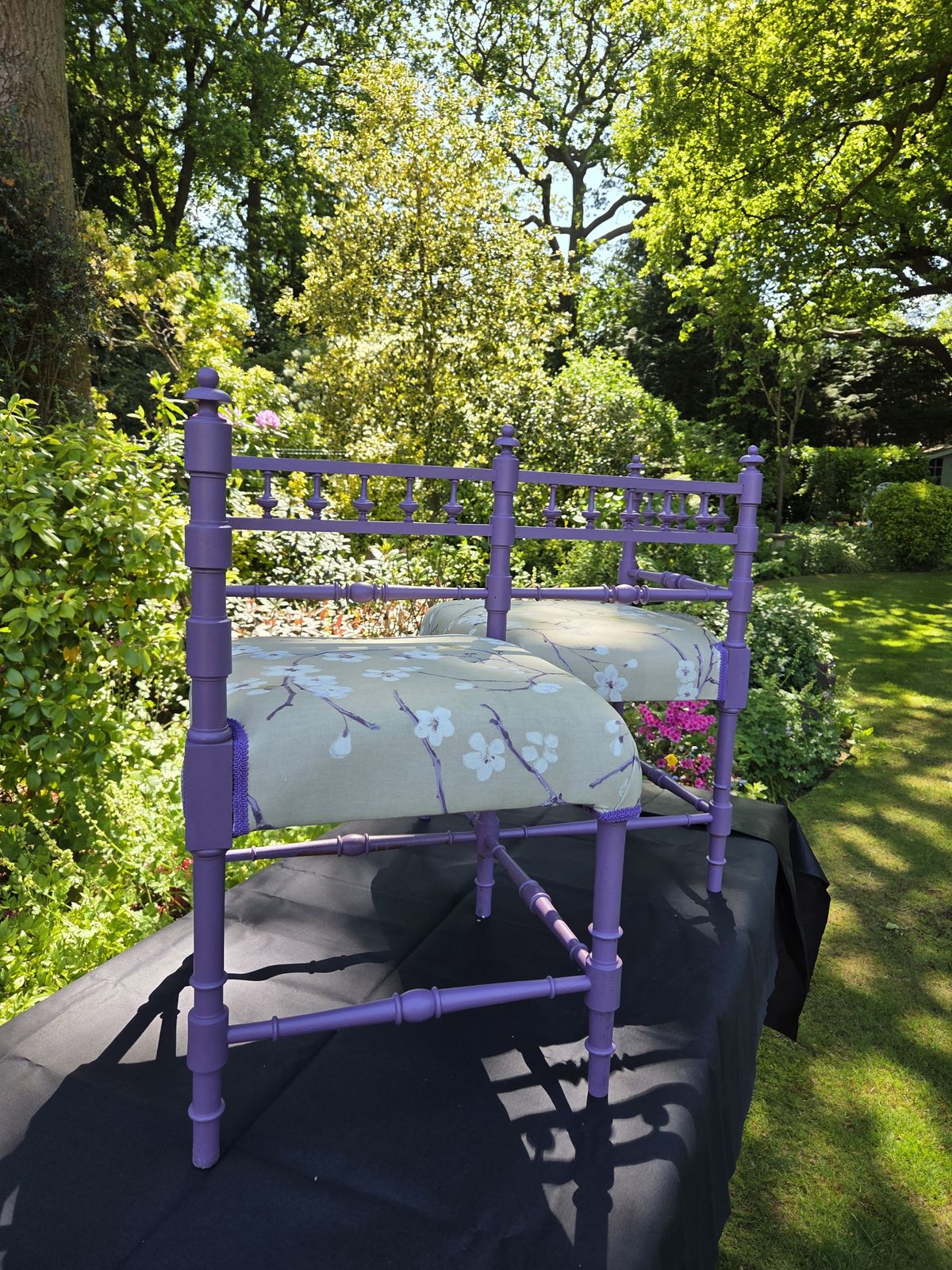 photo for sale Rare Vintage Lavender Tête à Tête Conversation Seat With Floral Upholstery