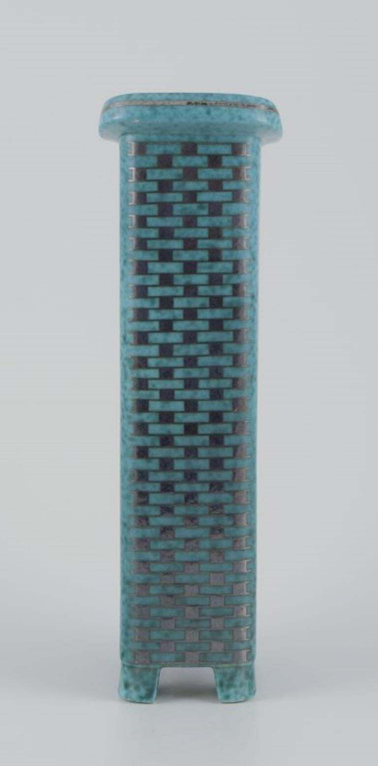 Wilhelm Kåge For Gustavsberg. Tall Square Art Deco Ceramic Vase On Feet. photo for sale