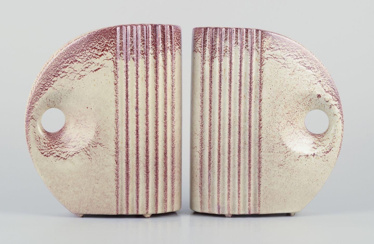 French Ceramicist. Pair Of Art Deco Jug Shaped Vases With Handles. photo furniture