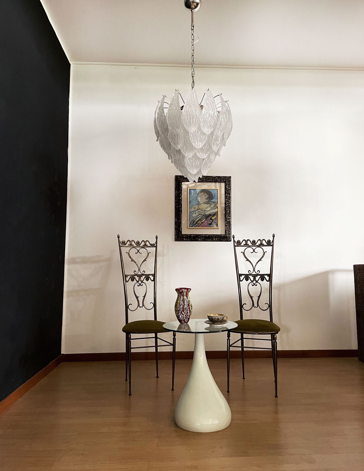 photo for sale Italian Vintage Murano Chandelier   Frosted Carved Glass Leaves