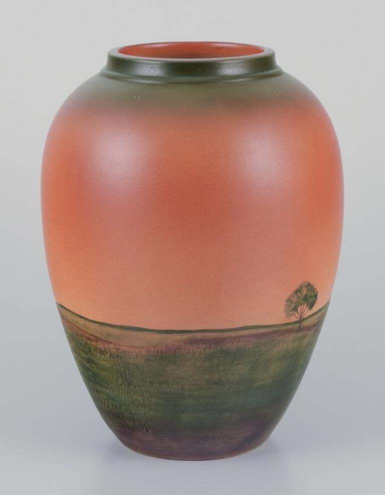 Ipsen's Denmark.  Vase In Glazed Ceramic With Motif Of Landscape. photo Home Decor