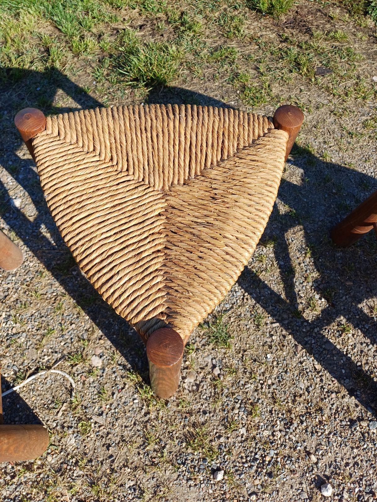 4 Vintage Perriand Tripod Triangle Wooden And Straw Stools Circa 1950 photo 785.0