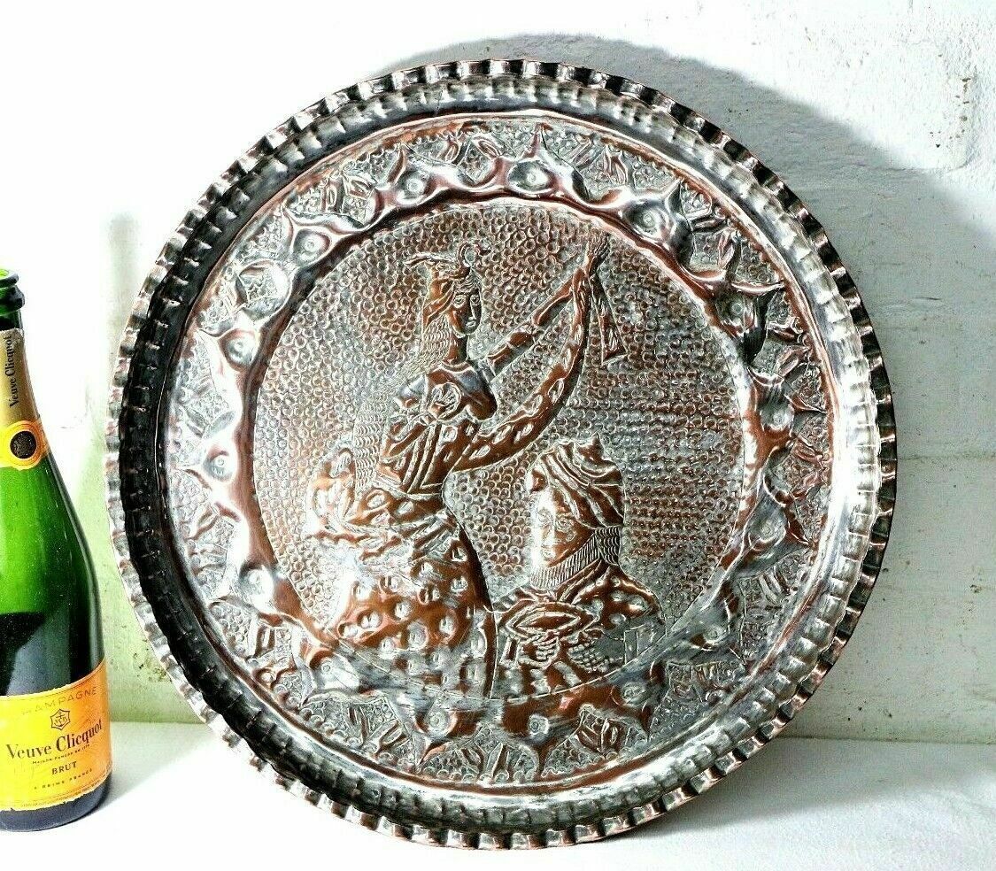 Antique Copper Tray Indian Hindu Wall Hanging Chased Figural Ethnic Decoration
