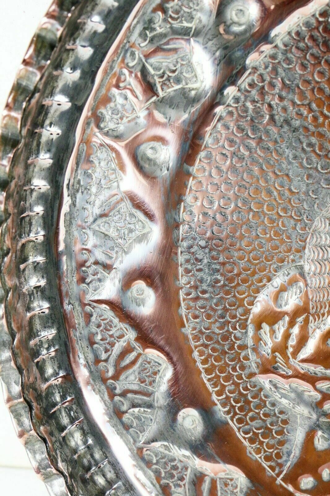 Antique Copper Tray Indian Hindu Wall Hanging Chased Figural Ethnic Decoration photo 70.0