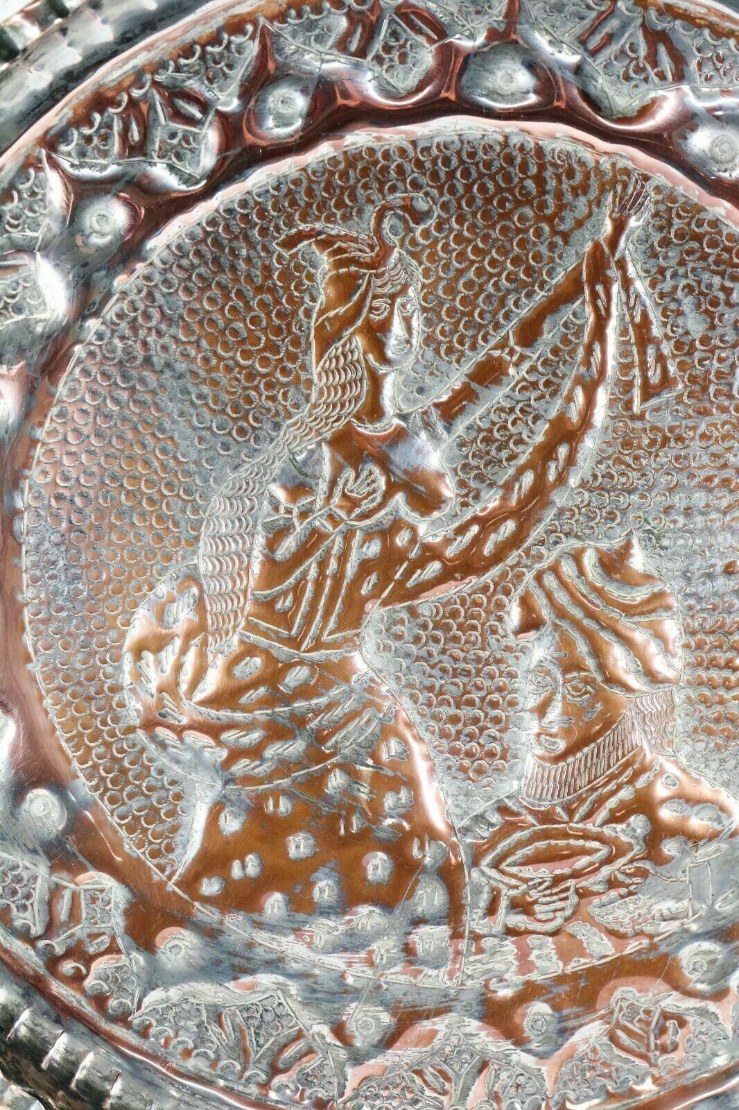 Antique Copper Tray Indian Hindu Wall Hanging Chased Figural Ethnic Decoration photo vinterior