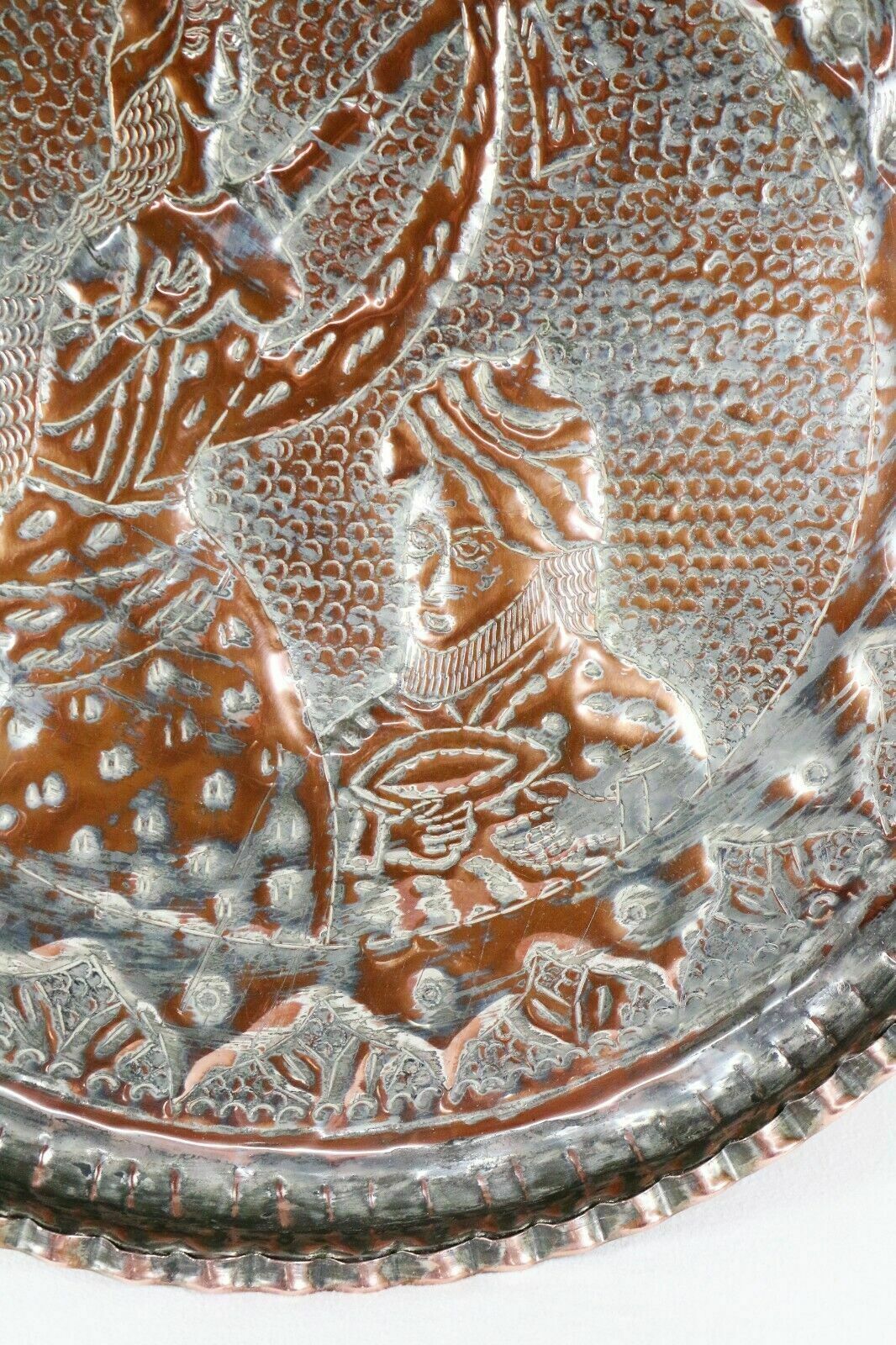 Antique Copper Tray Indian Hindu Wall Hanging Chased Figural Ethnic Decoration photo buy