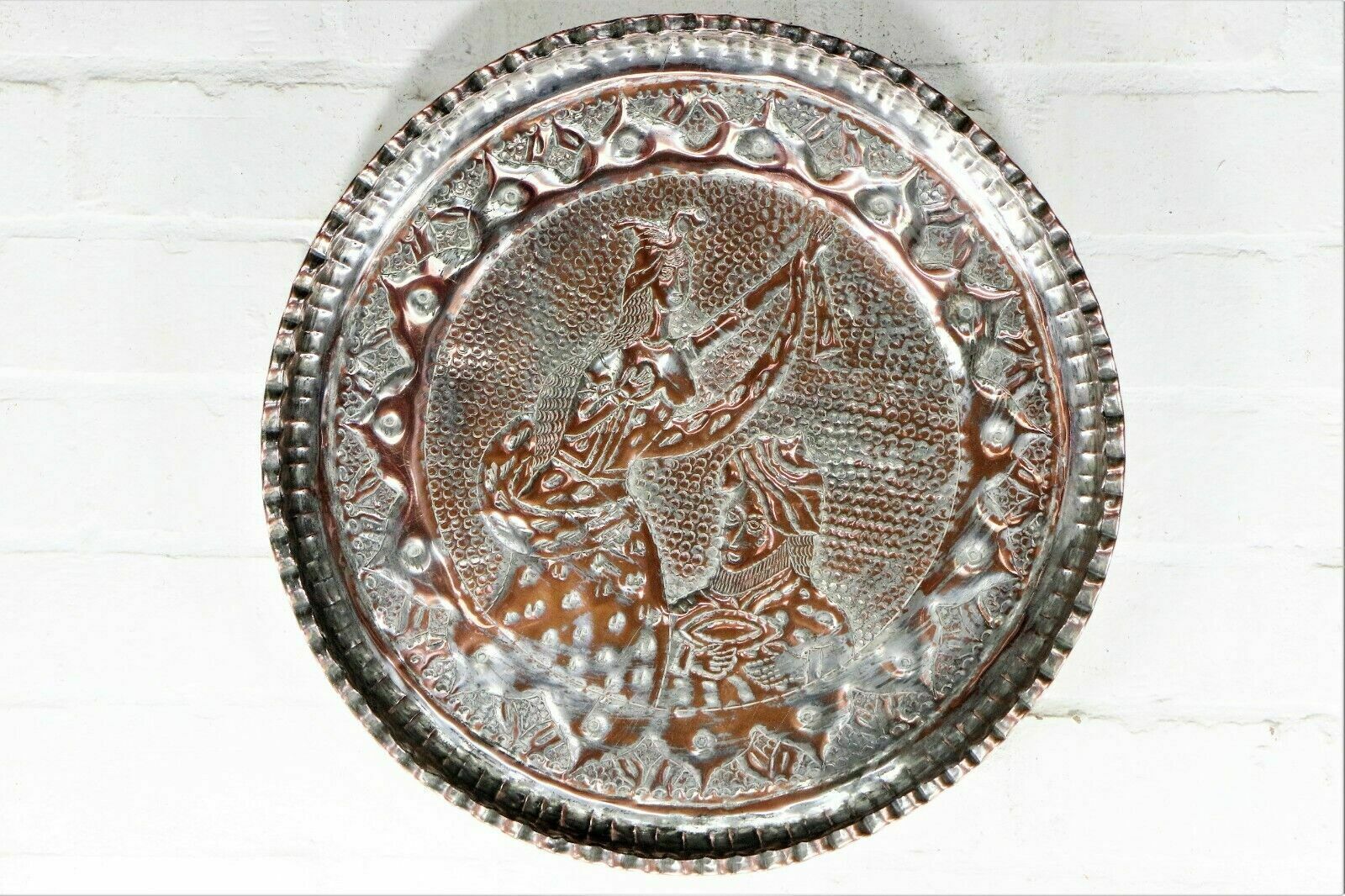 photo for sale Antique Copper Tray Indian Hindu Wall Hanging Chased Figural Ethnic Decoration