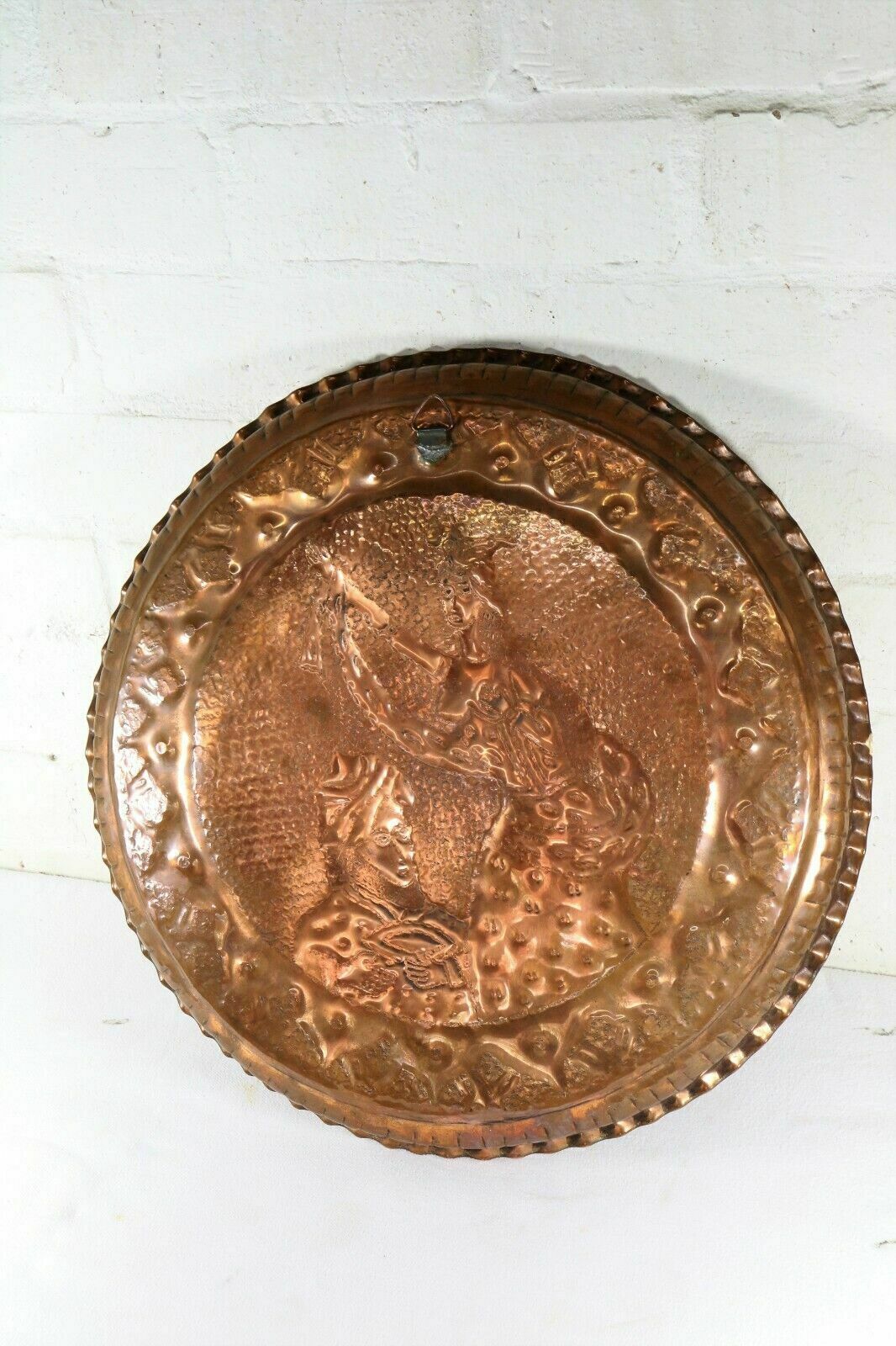Home Decor Antique Copper Tray Indian Hindu Wall Hanging Chased Figural Ethnic Decoration photo