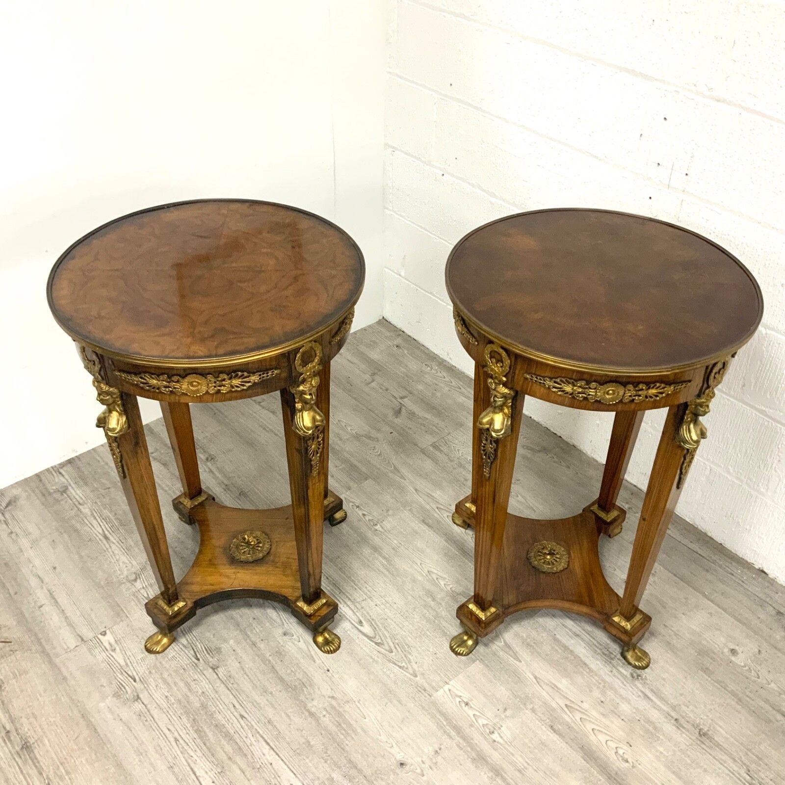 A Pair Of Louis XVI Style Gueridon Tables With Walnut Tops And Ormolu Decoration photo for sale