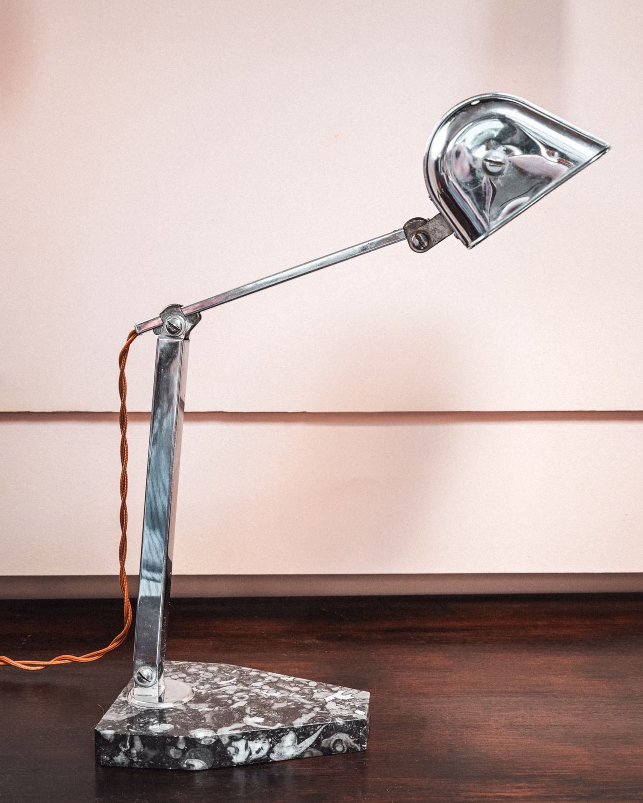 Chrome And Black Fossil Marble Base Art Deco Desk Lamp    Artisanat Francais photo Lighting