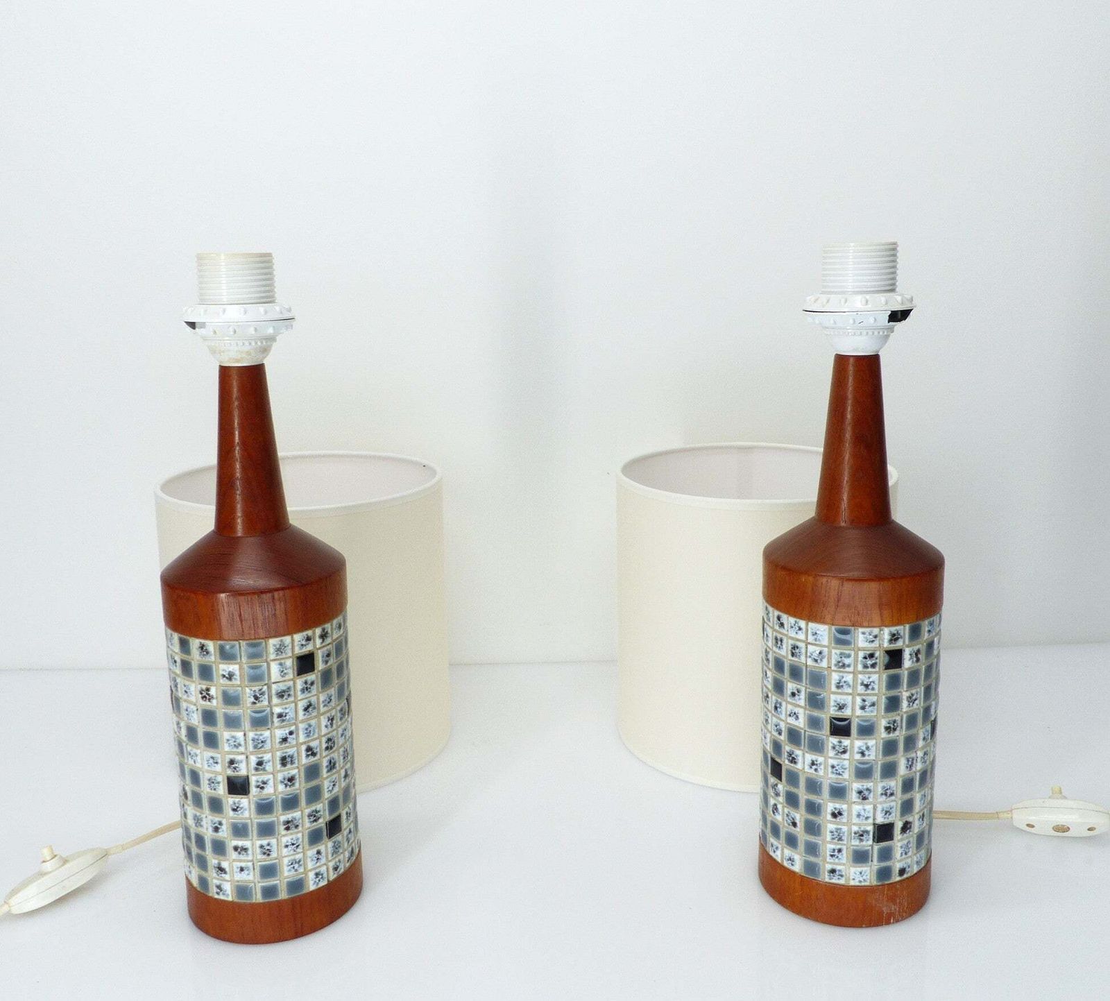 Pair Of Scandinavian Teak And Mosaic Table Lamps, Denmark 1960s photo vinterior