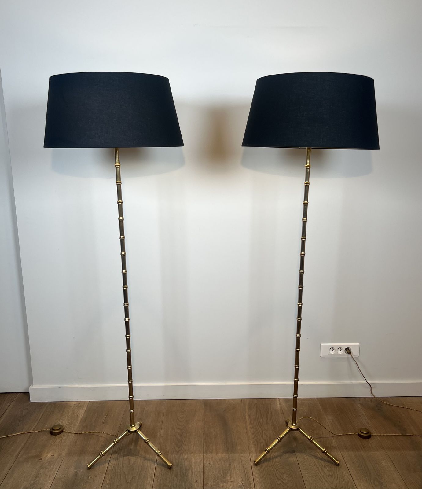 Pair Of Faux Bamboo Floor Lamps In Bronze And Brass By Jacques Adnet photo for sale
