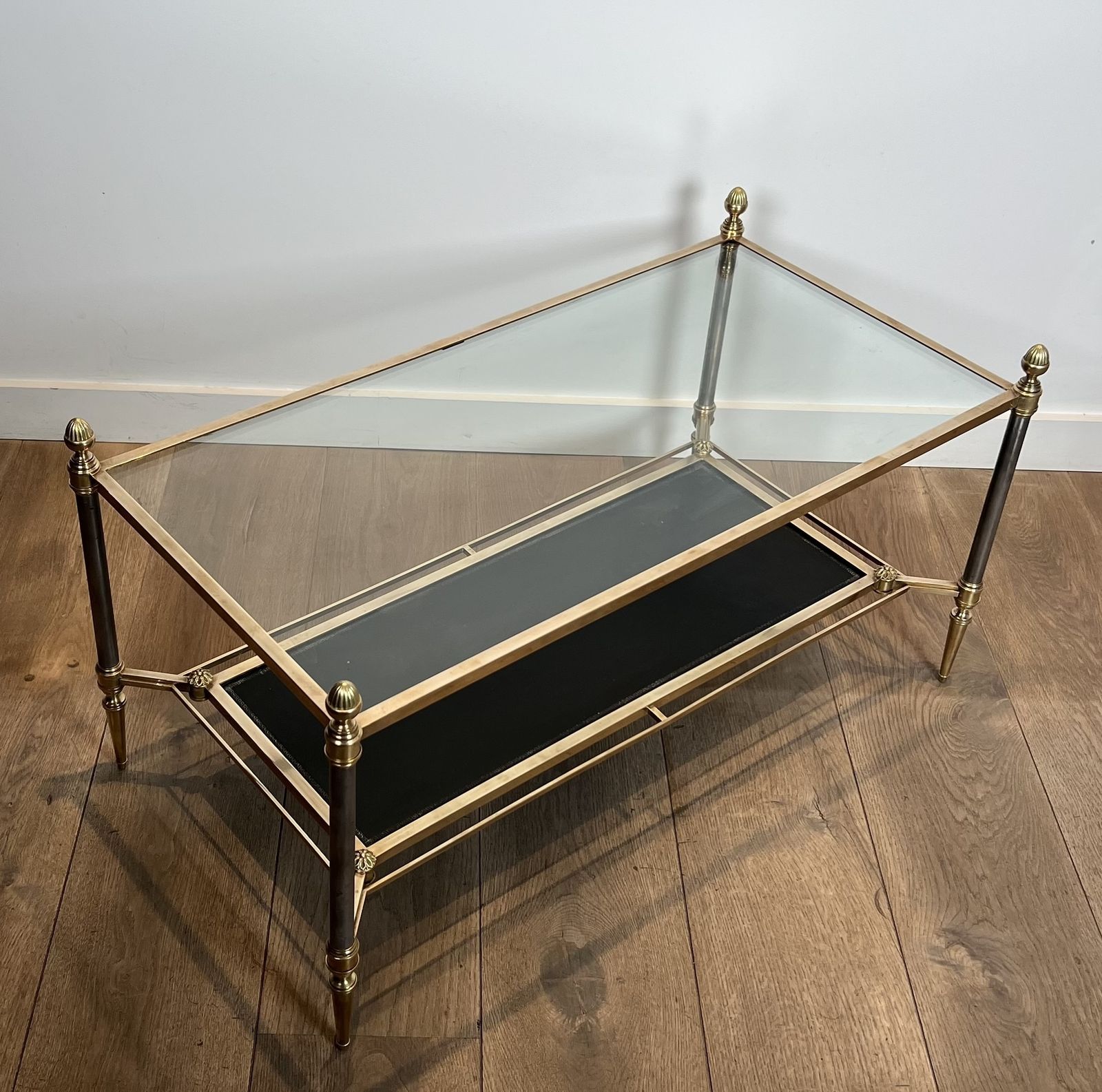 Brass Coffee Table With Black Leather Top And Gold Trim From Maison Jansen
