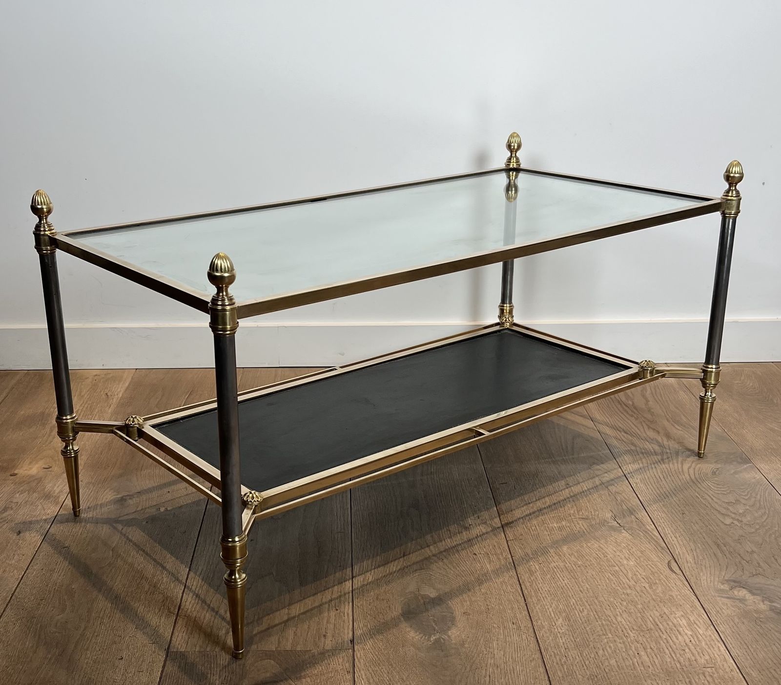 Brass Coffee Table With Black Leather Top And Gold Trim From Maison Jansen photo 6500.0