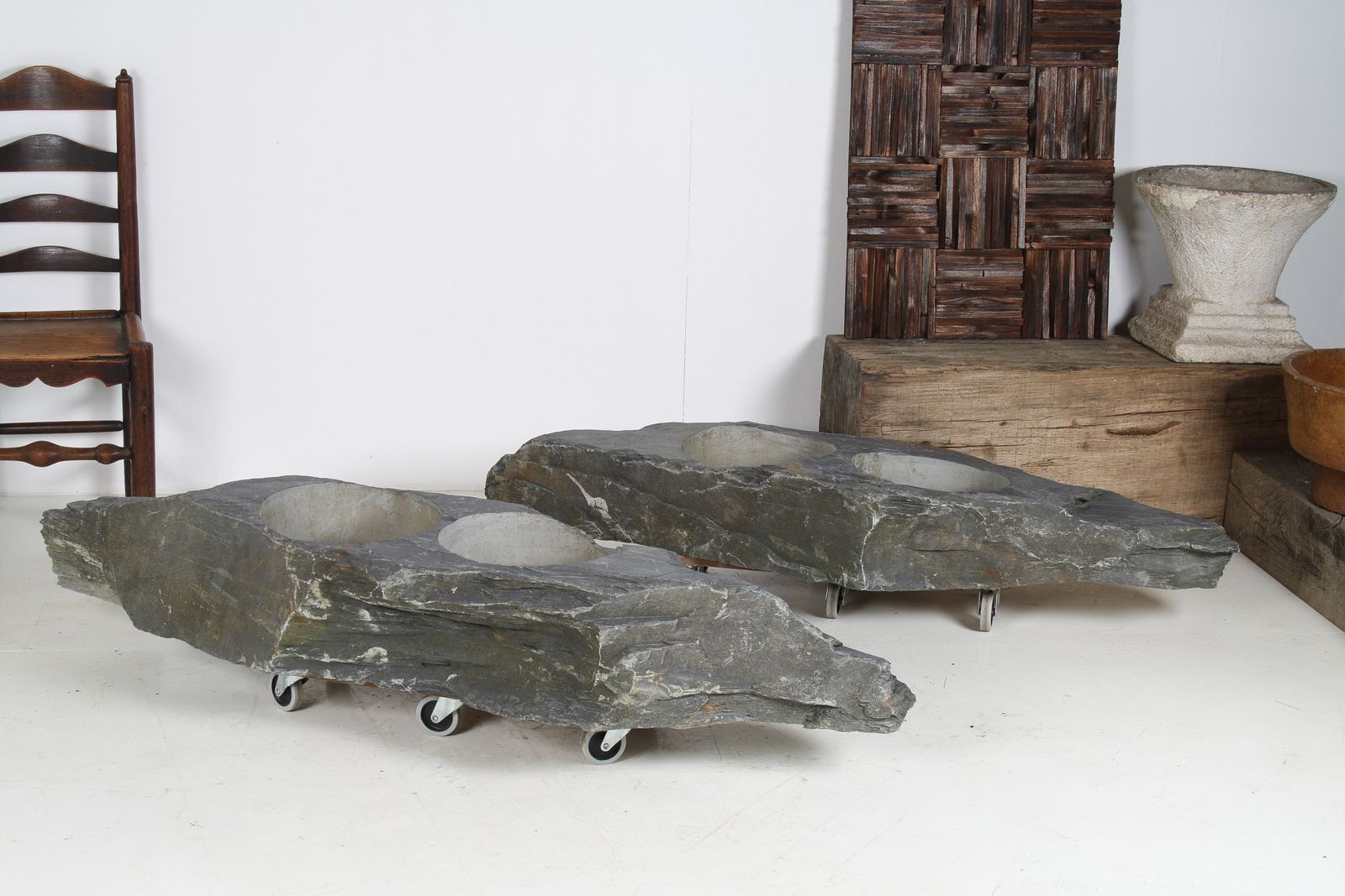 A Pair Of Natural Wabi Sabi Stone Garden Planters – Welsh Slate photo for sale