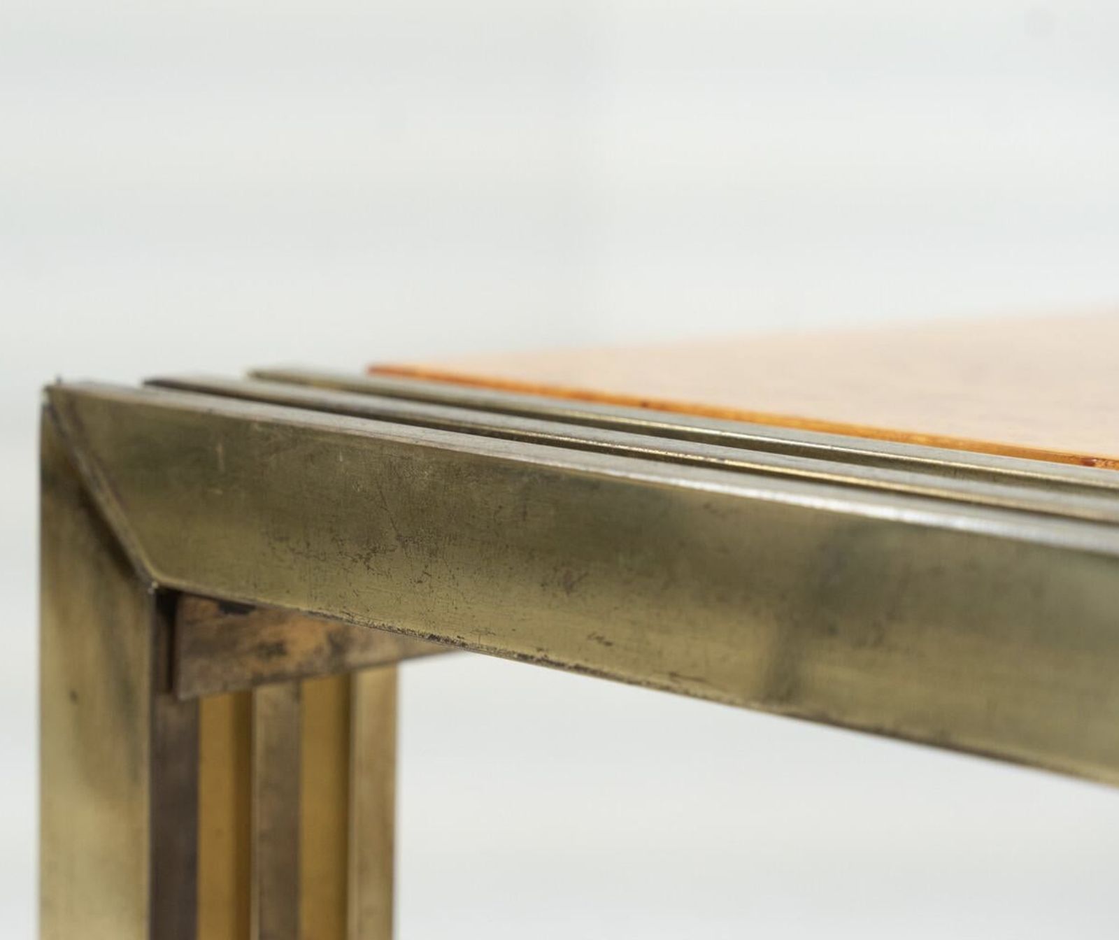 Mid Century Burl Wood And Brass Coffee Table photo for sale