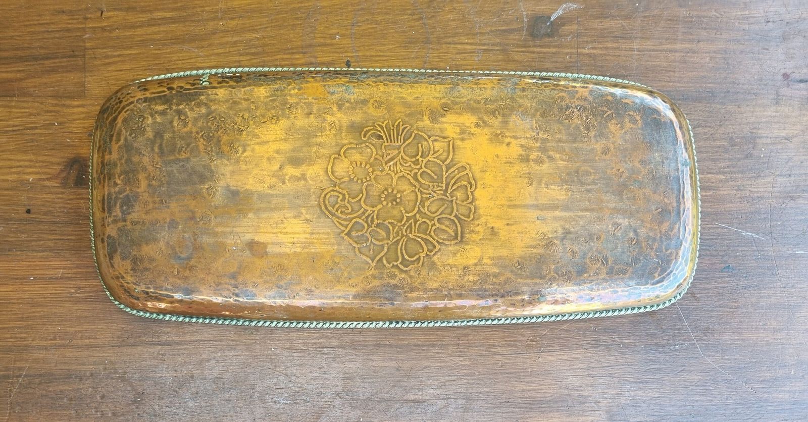 Vintage Hugh Wallis Copper Tray | Arts & Crafts Movement Hammered Metal Serving Platter | Floral Engraved British Handcrafted Design photo for sale