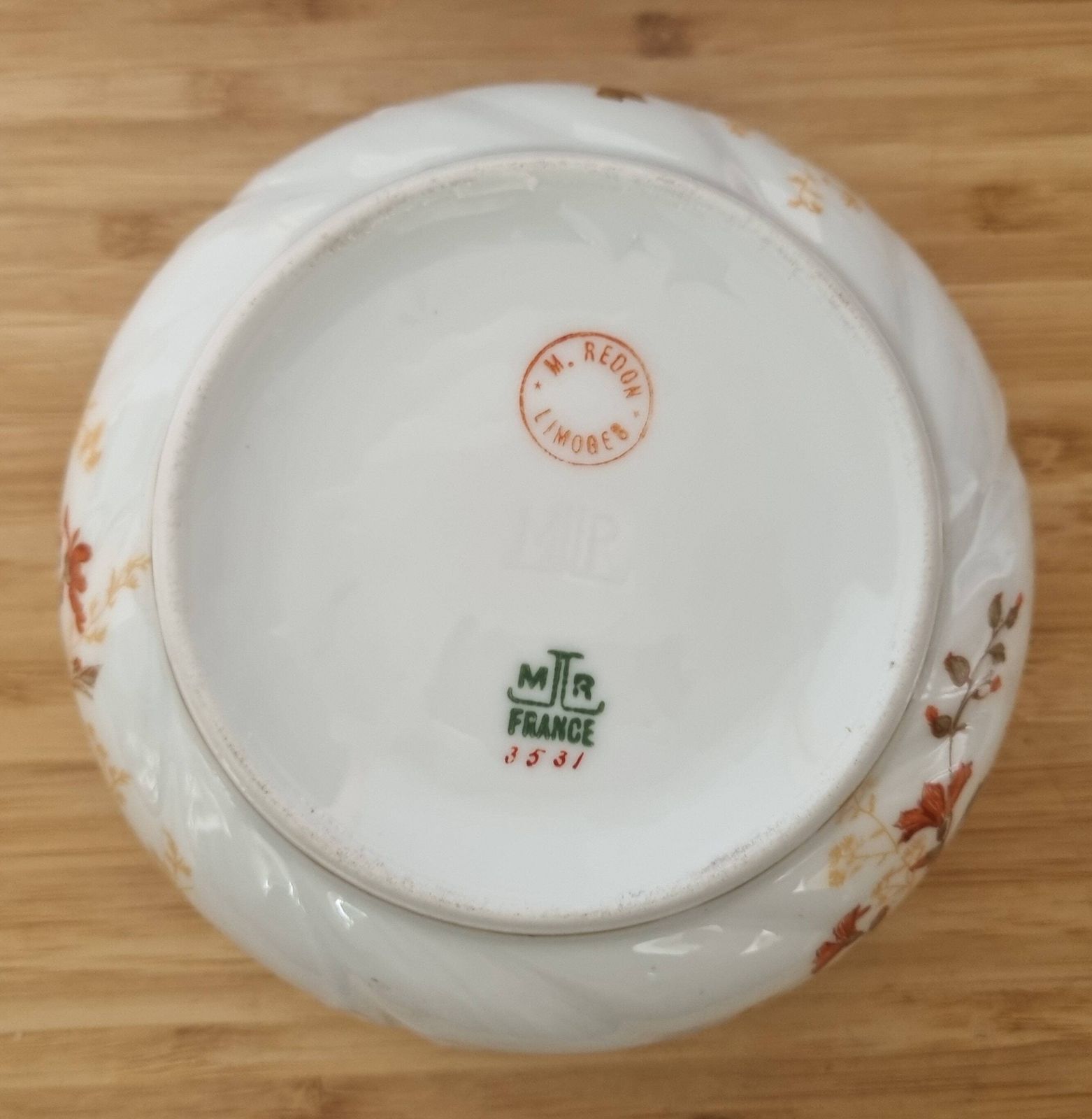 photo furniture Limoges Redon Bowl | Antique French Porcelain Serving Dish | Orange Red Floral Gold Gilt Detail | Rare Collectible China
