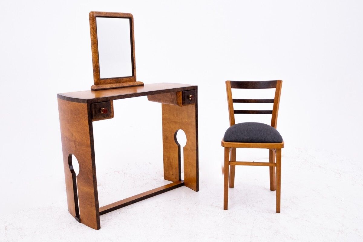 Art Deco Dressing Table + Chair Set, Poland, Art Deco, Ca. 1940. photo for sale