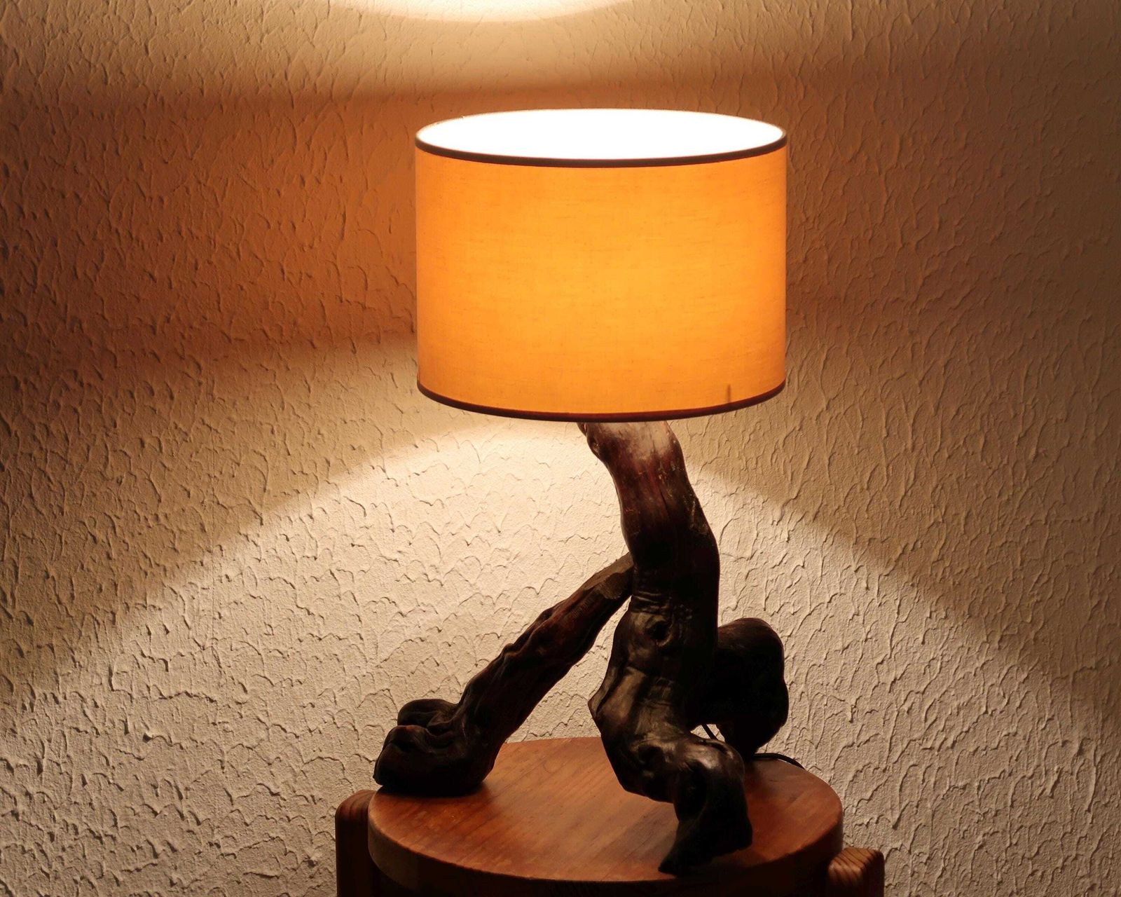 Large French Tripod Vine Wood Table Lamp, Beige Lampshade, 1970s / Rustic, Farmhouse, Wooden Tripod, Boho Chic, Wabi Sabi photo furniture