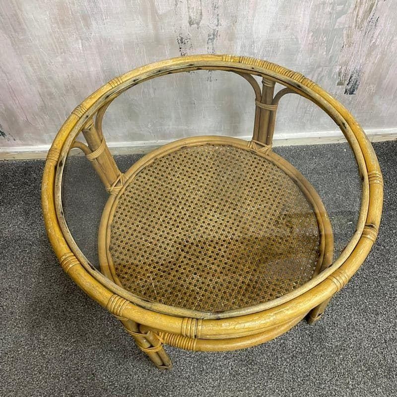 Vintage Bamboo And Rattan Glass Topped Round Side Coffee Table Shelf Under photo furniture
