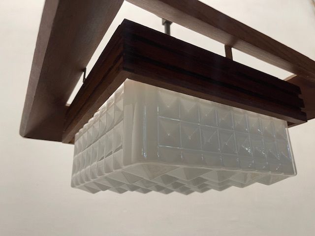 Mid Century Modern Wood, Bronze & Opaline Glass Pendant Light 1950’s photo Lighting