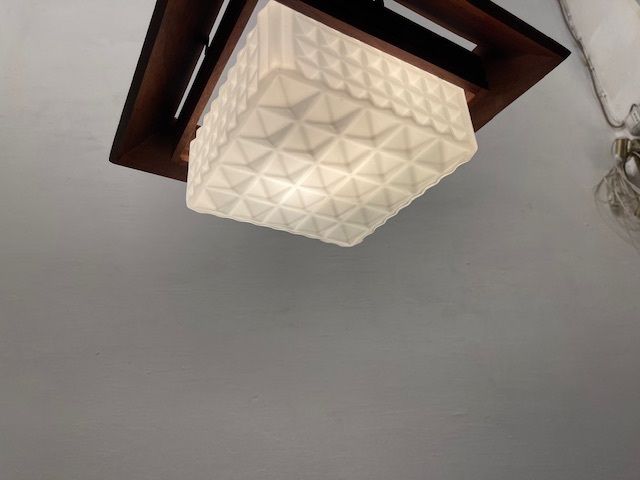 photo furniture Mid Century Modern Wood, Bronze & Opaline Glass Pendant Light 1950’s