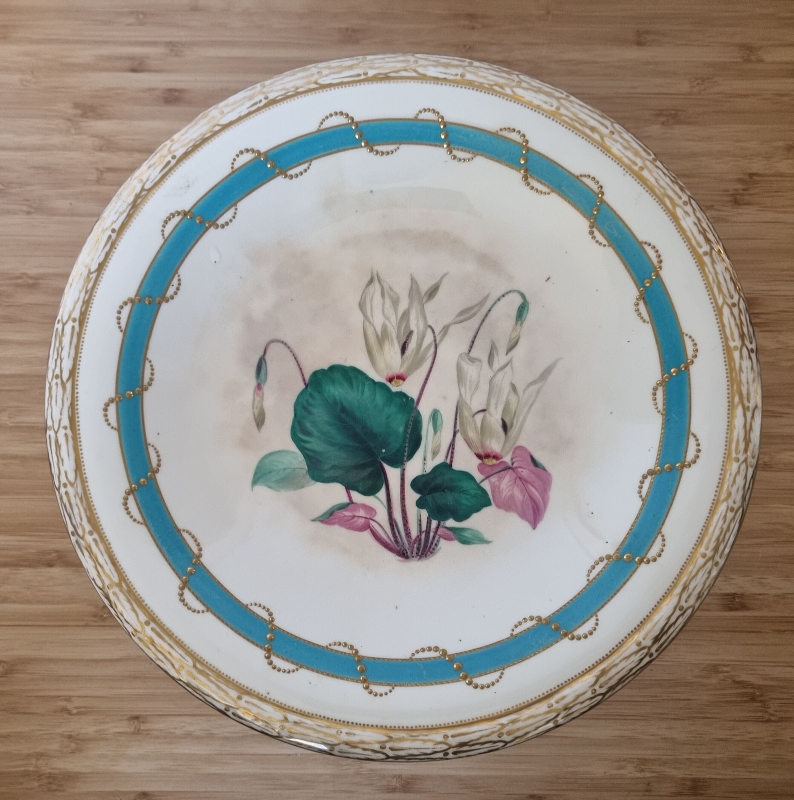 1800s English Porcelain Comport | Antique Moriage Pedestal Cake Stand | Turquoise Band Floral Cyclamen | Victorian Gilt Dessert Plate photo furniture
