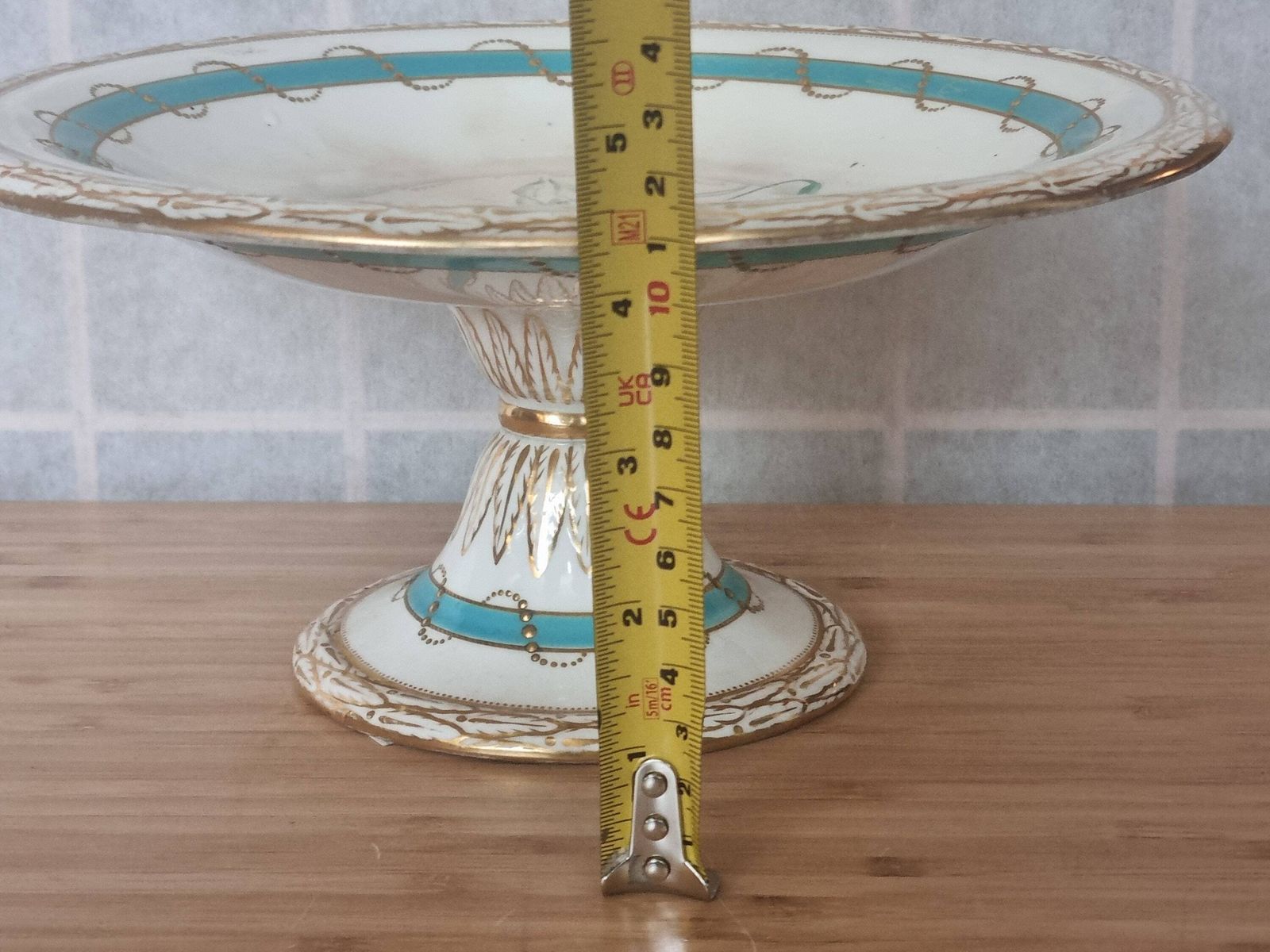 1800s English Porcelain Comport | Antique Moriage Pedestal Cake Stand | Turquoise Band Floral Cyclamen | Victorian Gilt Dessert Plate photo vinterior