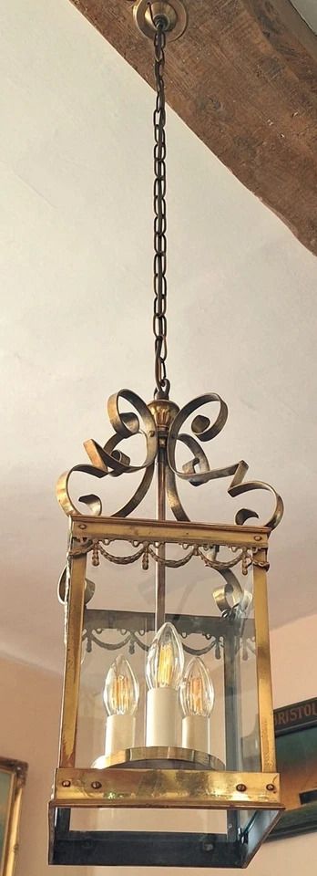 Beautiful Large French Square Brass & Glass Antique Hall Lantern/ Chandelier photo for sale