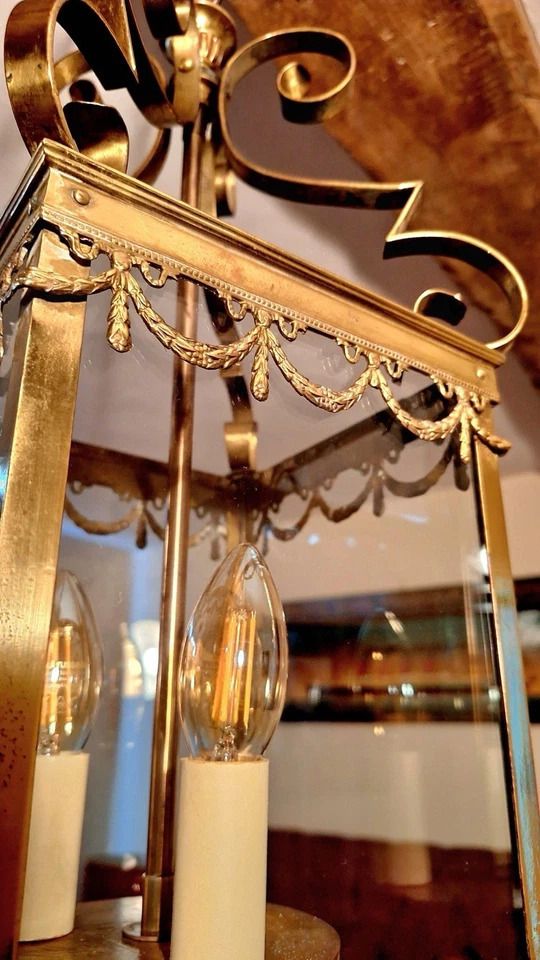 Beautiful Large French Square Brass & Glass Antique Hall Lantern/ Chandelier photo buy