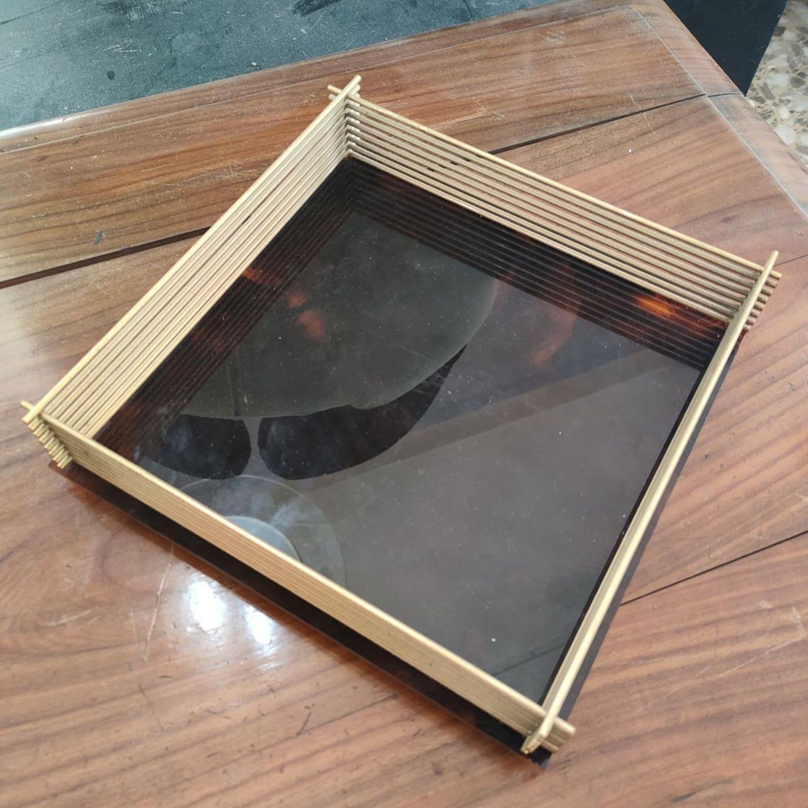 Mid Century Modern  Italian  Lucite “Tortoise” Catchall Tray With Brass Rim 1970 photo for sale