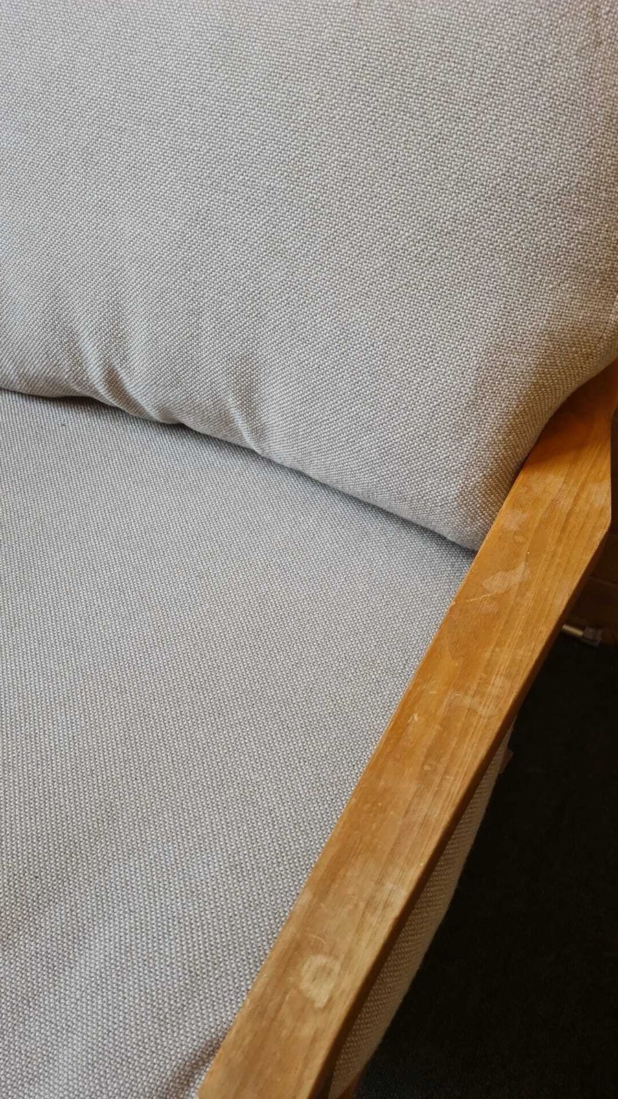 Pair Of Wooden Armchairs With Grey Cushions photo for sale