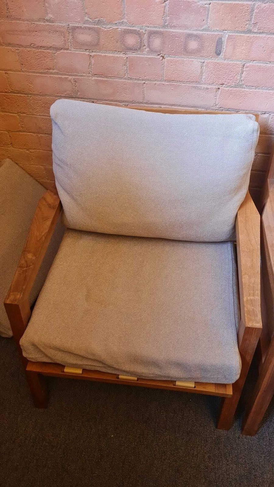 Pair Of Wooden Armchairs With Grey Cushions photo vinterior