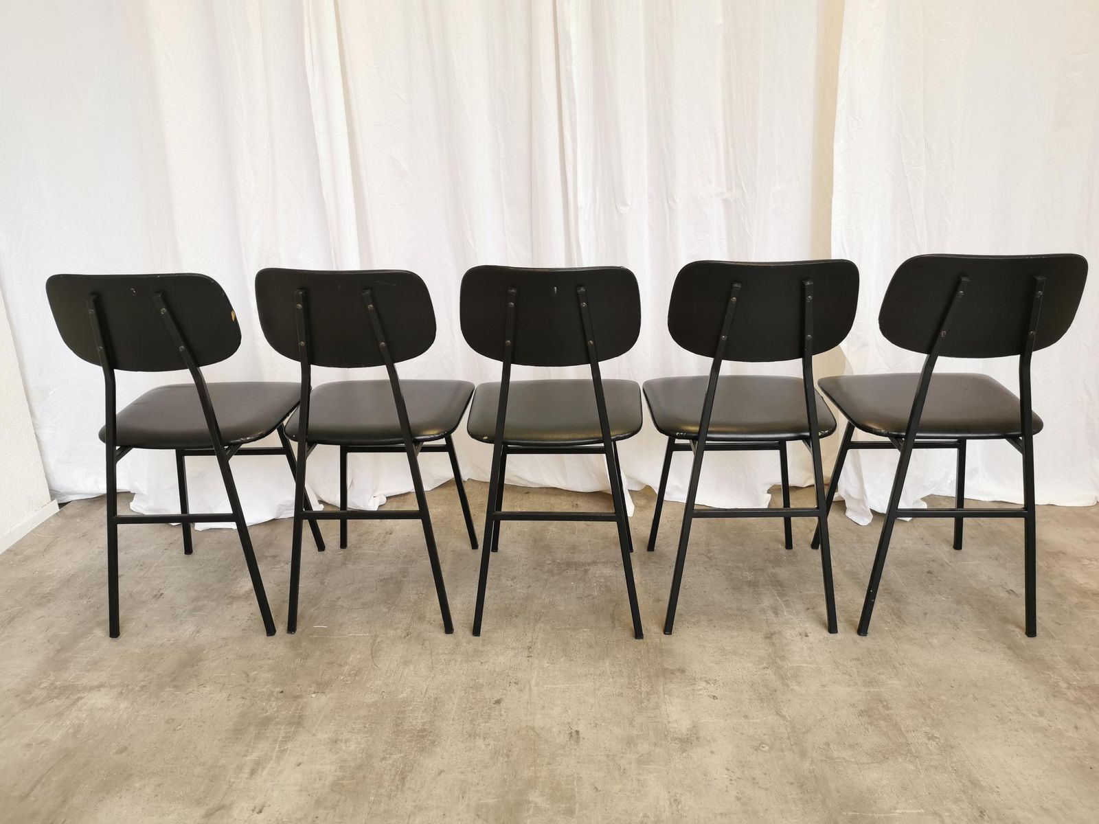1 Of 5 Vintage School Chairs With Black Lethaer / Stol Kamnik 1980s Yugoslavia / Metal Base Leather Seat Backrest / Mid Century Dining Chair photo vintage