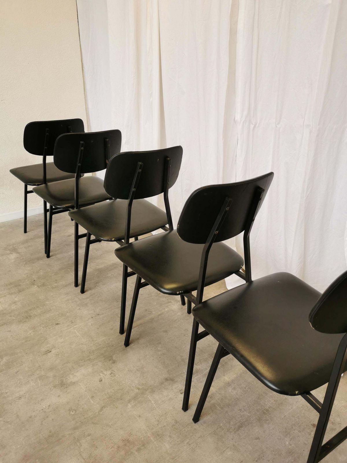 photo furniture 1 Of 5 Vintage School Chairs With Black Lethaer / Stol Kamnik 1980s Yugoslavia / Metal Base Leather Seat Backrest / Mid Century Dining Chair
