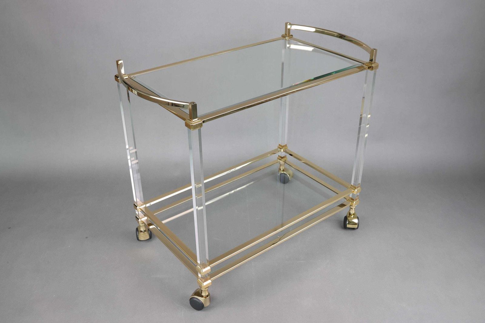 Lucite Bar Cart With Brass Frame | Vintage Hollywood Regency Drinks Trolley | 1970s Glass & Brass Serving Cart | Mid Century Modern