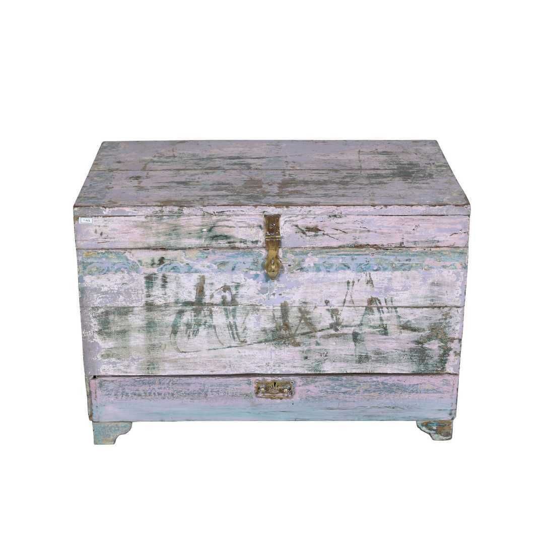 Antique Pastel Lilac & Blue Indian Dowry Chest – Vintage Teak Treasure Trunk Coffee Table – 19th Century Storage photo Furniture