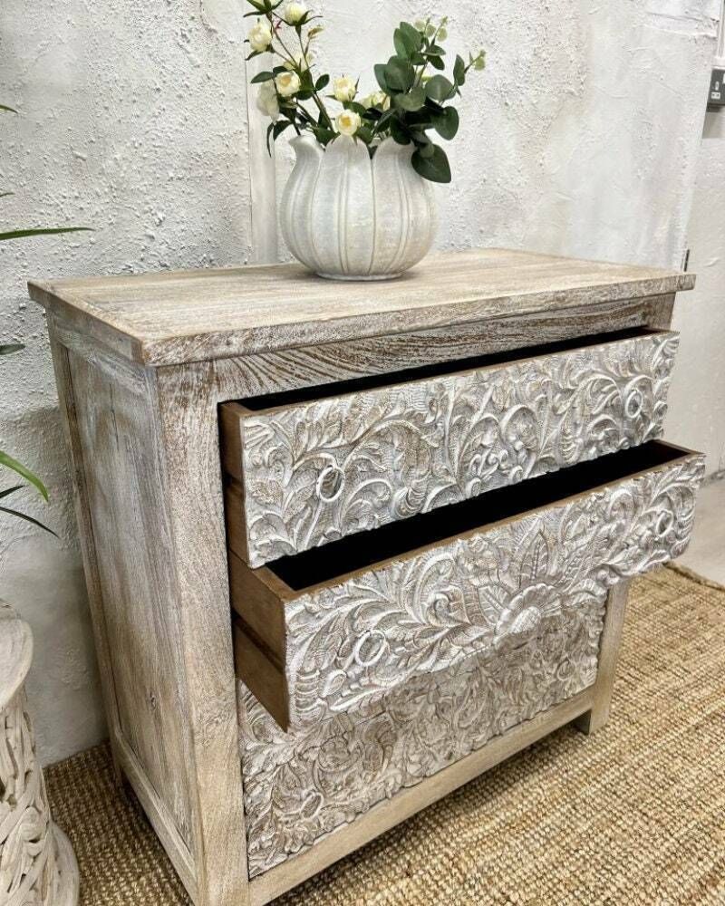 Hand Carved Mango Wood 4 Drawer Chest Of Drawers photo for sale