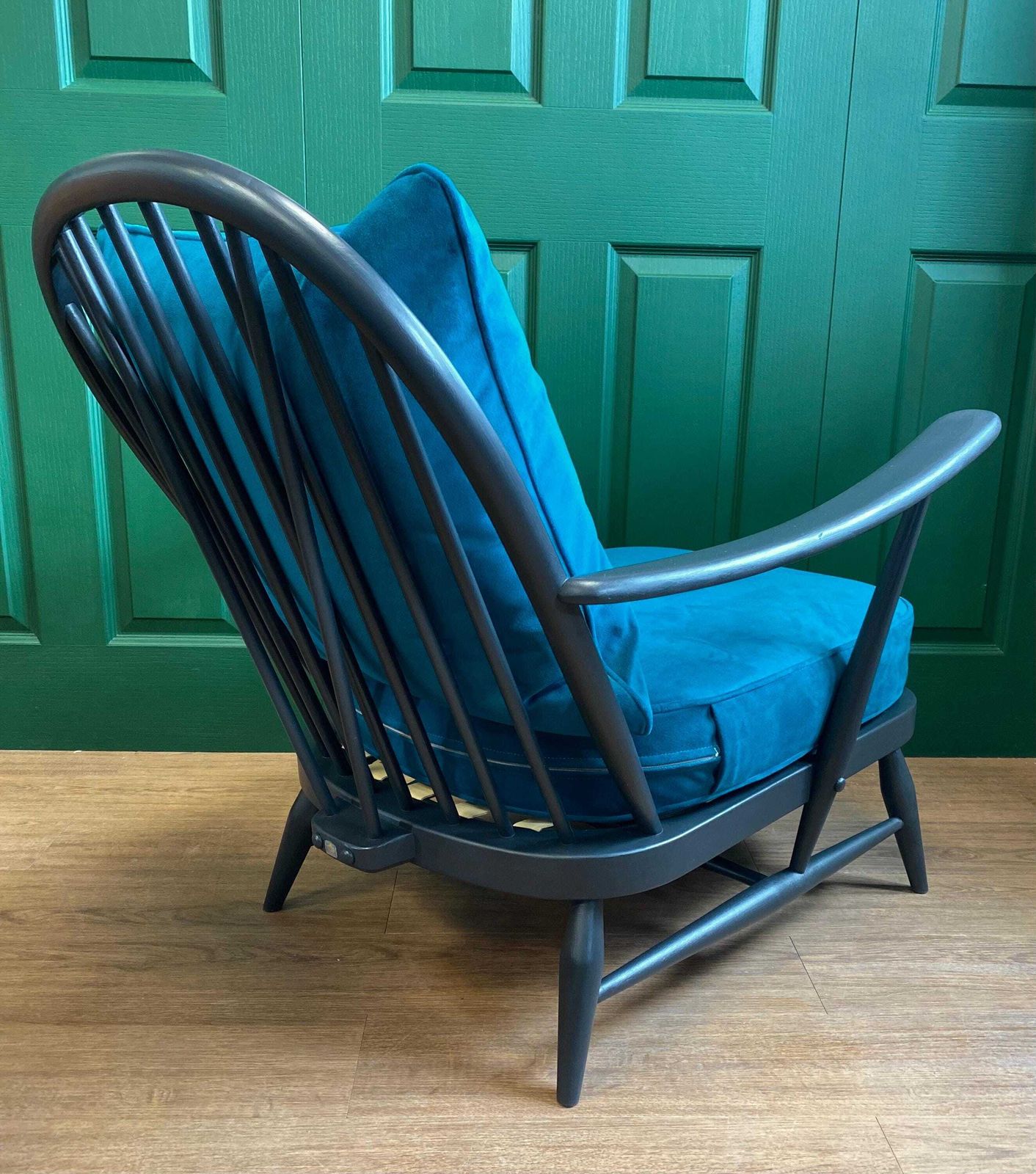 Refurbished Mid Century Vintage Ercol Windsor Armchair Grey Teal Blue Green Velvet 1 Of 2 photo vinterior
